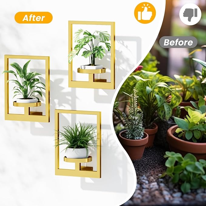 Wall Plant Shelf, Hanging Frame Decor Planter for Indoor Plants, Wall Plant Holder for Living Room/Entryway/Garden Flower Pot Holder Free Garden Shears (Square-Gold, 2Pcs)