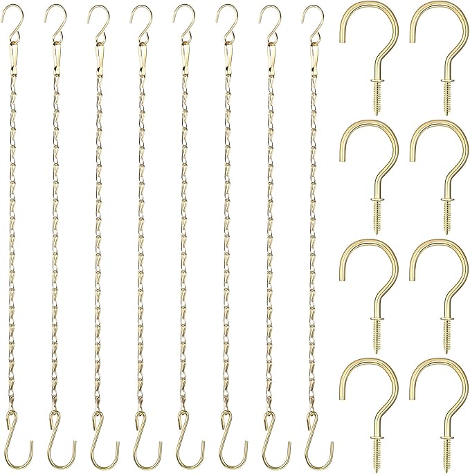 Hotop 8 Pcs Metal Hanging Chains with Ceiling Hooks, Garden Plant Hangers for Hanging Bird Feeders, Billboards, Chalkboards, Basket, Planters, Lanterns, Wind Chimes, Chain Hook DIY(12 Inch,Gold)