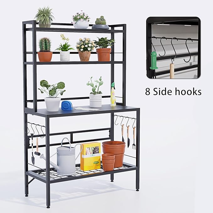 63" H Outdoor Metal Garden Potting Bench&Table with Metal Tabletop, 4-Tier Plant Shelf Rack, 8 Side Hooks, Outdoor/Indoor Gardening Workstation and Plant Stand, Black