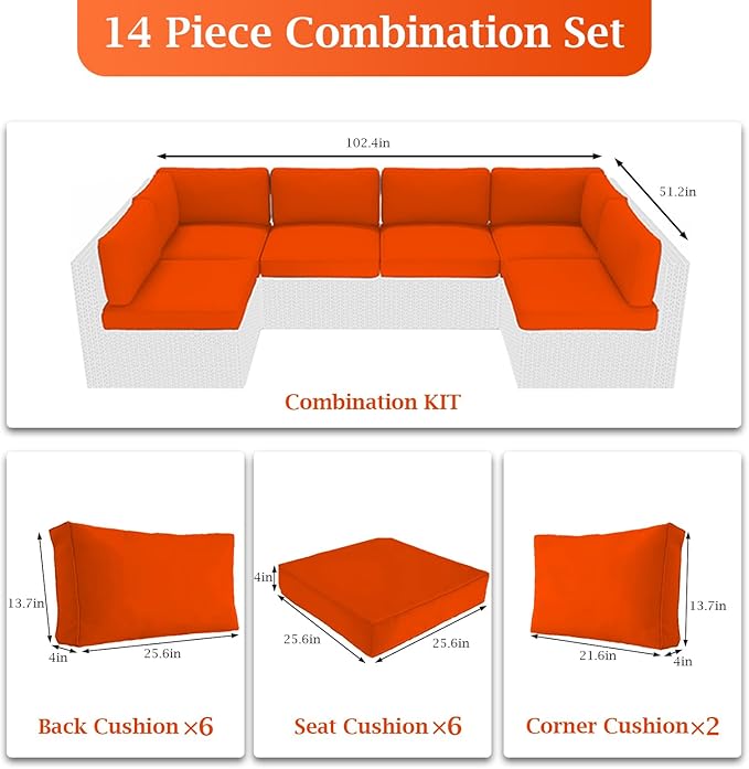 Outdoor Sectional Cushions, 4" Foam High-Density, Water-Resistant Couch Cushions Replacement Set, 14 Piece Patio Sectional Cushion for 6-Seat Sectional Patio Conversation Sets (Orange)
