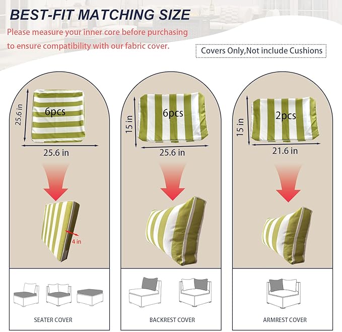 Outdoor Cushion Covers for Patio Furniture, Patio Cushion Covers Replacement with Zipper, Waterproof & Fade Resistant,Only Cover (Green and White Stripes, 25.6Lx25.6Wx4H - Only Covers)