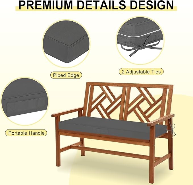 downluxe Outdoor Bench Cushion Waterproof, 42 x 18 Inch Patio Furniture Cushions with Adjustable Ties & Portable Handle, Porch Swing Cushions, Bench Cushions for Outdoor Furniture, Dark Grey