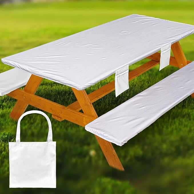 Picnic Table Cover with Bench Covers Vinyl Elastic Edges Fitted Rectangle Seat Tables Waterproof 3-Piece72X30in Set Outdoor Rectangular Folding Backing Tablecloth for Camping Over Size
