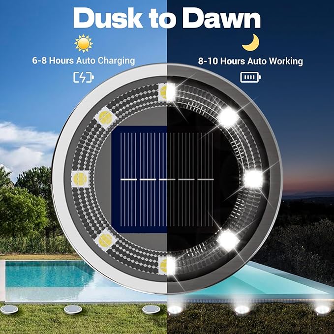 Solar Ground Lights,12 Pack Flat Solar Lights Outdoor Waterproof, Bright LED Solar Disc Lights, 6000K Cool White Landscape Lighting for Outside Yard Garden Pathway Driveway Lawn