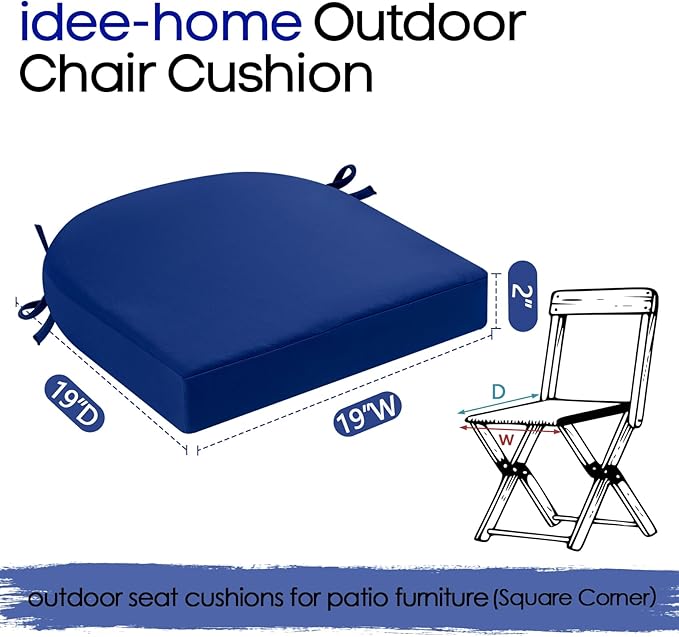 idee-home Outdoor Chair Cushions Set of 2, Thick 19" x 19" x 2" Outdoor Seat Cushions Patio Furniture Waterproof with Ties, Dining Pads