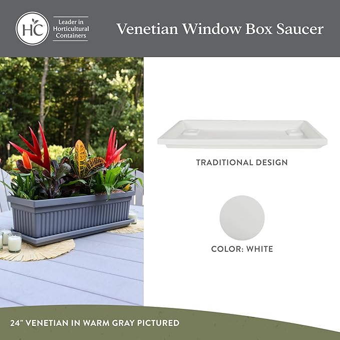 The HC Companies Venetian Rectangular Plant Tray - Lightweight Plastic Plant Saucer - Plant Drip Trays for Drainage - UV Resistant Pot Saucer for Indoor & Outdoor Use (29.5" White, Pack of 1)