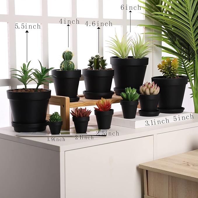 Yishang Large Terra Cotta Pots with Saucer- 6 Pack Large 6'' Terra Cotta Plant Pot with Drainage Hole, Flower Pot with Tray, Terracotta Pot for Indoor Outdoor Plant(Black)