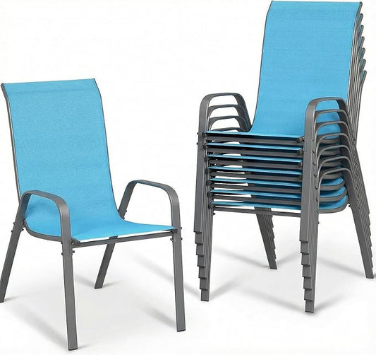 MAMIZO Patio Dining Chairs, Stackable All Weather Teslin Chair, Heavy Duty Outdoor Breathable Chairs Set, w/Armrests, Upgraded Chair FeetW/Strenthened Iron Spacers, 330 LBS (8, Turquoise Blue)