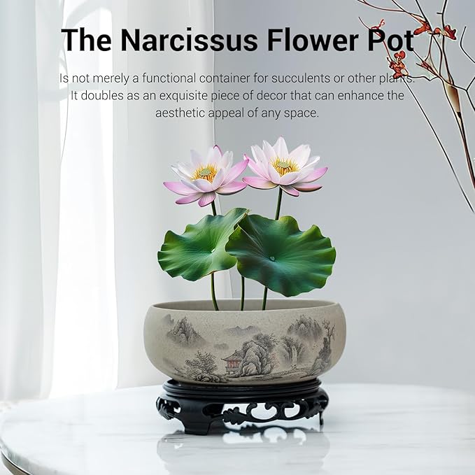Lotus Bowl Planter - Ceramic Pots for Plants with Stand for Hydroponic Water Lilies & Bonsai Trees, Bonsai Pots Indoor/Outdoor Décor - Zen Garden & Home Art Display (Grey, Small)