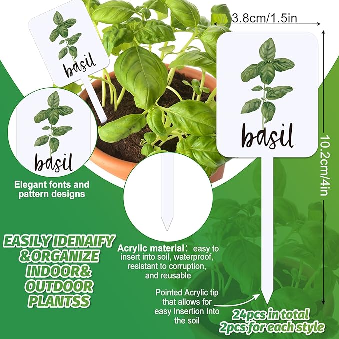 Whaline 24Pcs Acrylic Plant Label Signs 12 Styles Planted Herb Garden Markers Waterproof Plant Stake Tags with Herb Names for Nursery Indoor Outdoor Garden Decoration