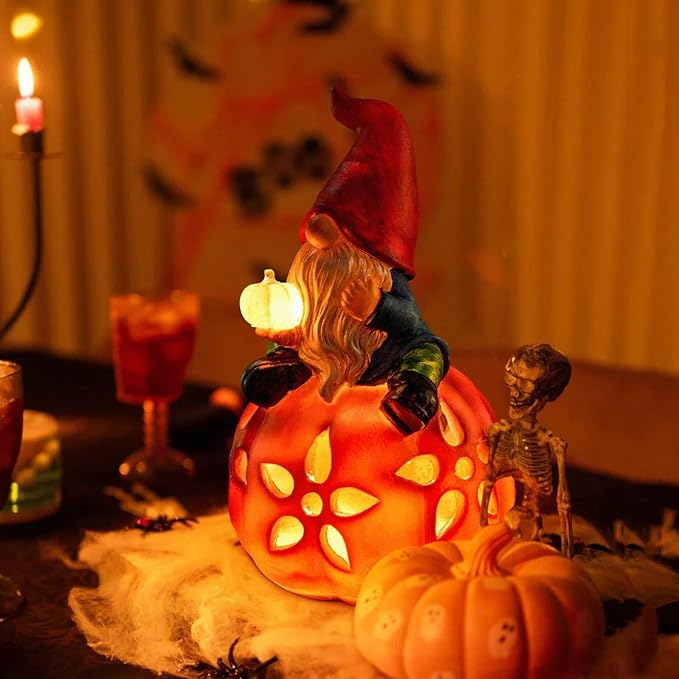Solar Pumpkin Gnome Garden Statues Halloween Thanksgiving Outdoor Gnome with LED Lights Decorations for Yard Patio Lawn Porch Birthday Christmas Gardening Gifts for Mom Women