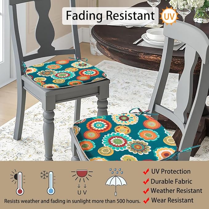 Magpie Fabrics Outdoor/Indoor 17"x16"x2" Chair Cushions with Ties Set of 2, Waterproof All Weather U-Shape Seat Pads Decoration for Patio Garden Furniture Home Office (Floral Green)