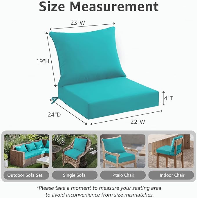 Outdoor Seat Cushion Set 22 x 24 x 4 Inch, Waterproof & Fade Resistant Patio Furniture Cushions with Removable Cover and Ties, Thick Deep Seating Pads for Outside Chair Sofa Couch, Teal