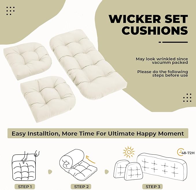 Wicker Chair Cushions, Waterproof Outdoor Loveseat Cushions for Patio Furniture, 3 Pieces Wicker Furniture Cushions, 1 Loveseat and 2 U-Shaped Cushions, Cream