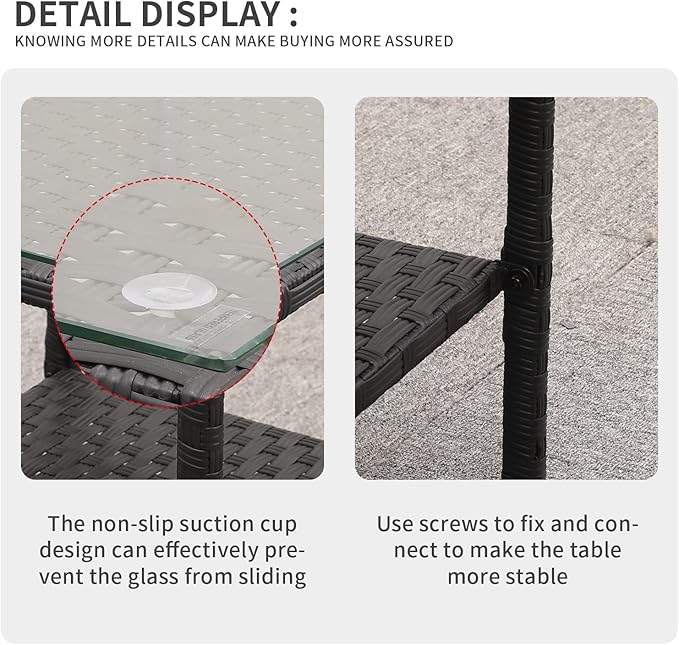 Valita Outdoor Wicker Glass Top Side Table Patio Rattan Square End Table, Black