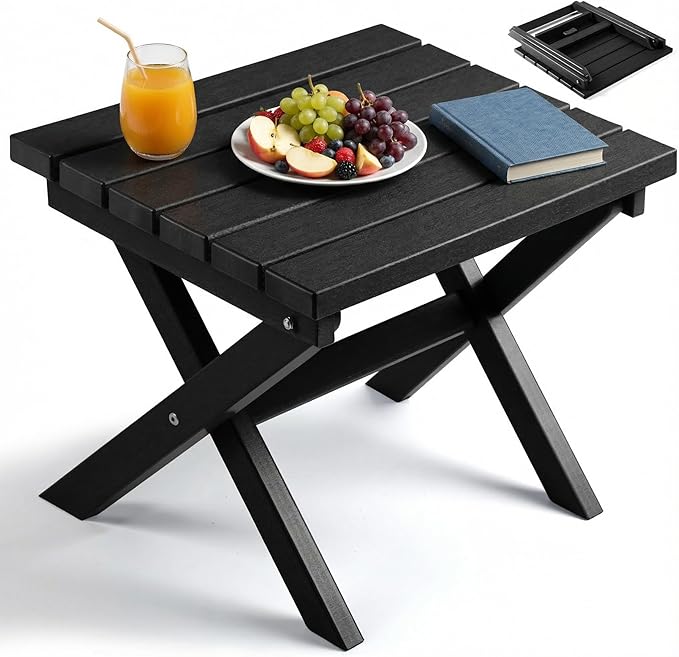 PASAMIC Folding Outdoor Side Table, HDPE Adirondack Patio End Table, Portable, No Assembly, Weather-Resistant for Camping, RV, Poolside, Garden, Indoor & Outdoor Use (Black)