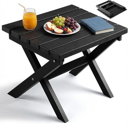 PASAMIC Folding Outdoor Side Table, HDPE Adirondack Patio End Table, Portable, No Assembly, Weather-Resistant for Camping, RV, Poolside, Garden, Indoor & Outdoor Use (Black)