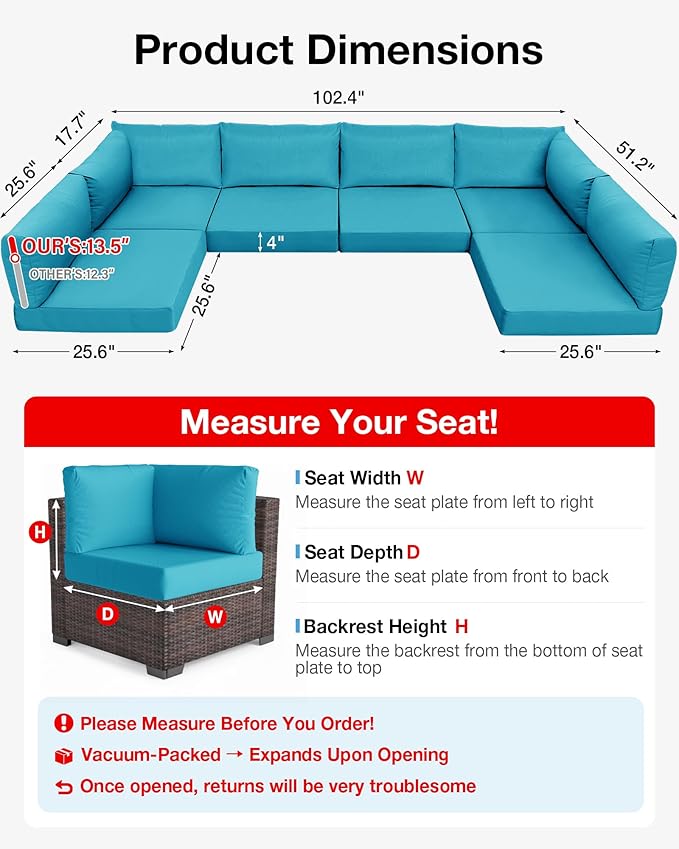 YEFU Outdoor Cushions for Patio Furniture: Replacement Cushions for Outdoor Furniture - Waterproof Couch Cushion - Fade-Resistant/Easy Clean - 14 Piece Sectional Cushion - Non-Slip/Storage Bag/Aruba