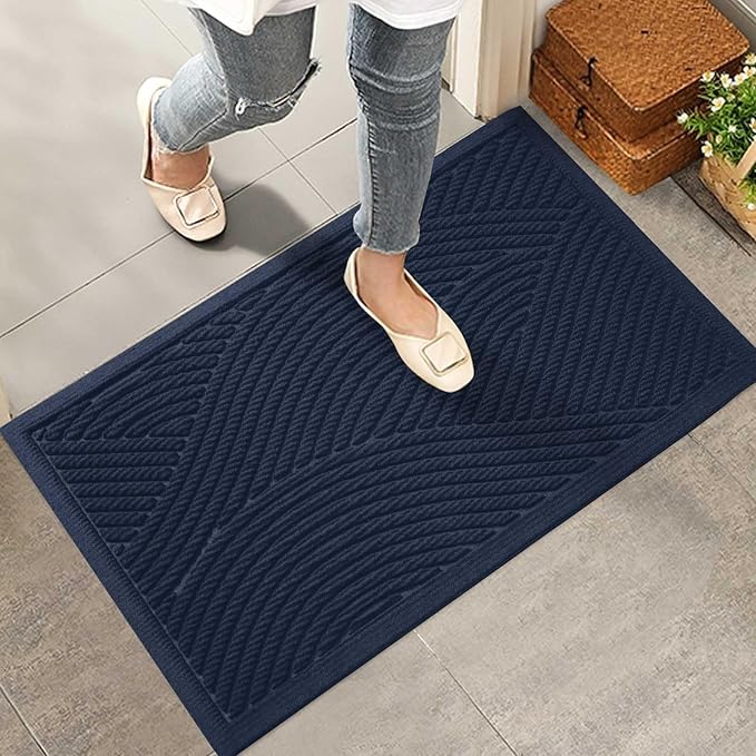 Sturdy Front Door Mat, Absorbent Muddy Dirt Resist Welcome Door Mats Outdoor Indoor, Stain and Fade Resistant, Non-Slip Backing Entry Mat Low Profile Doormat for Entryway, 36×24, Blue