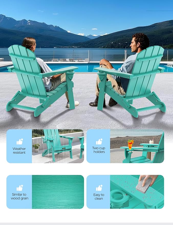 Folding Adirondack Chair Set of 4, Wooden Textured Plastic Adirondack Chairs with 2 Cup Holder, Weather Resistant HDPE Fire Pit Chair, Outdoor Patio Chairs for Garden, Backyard, Lawn, Deck, Lake Blue