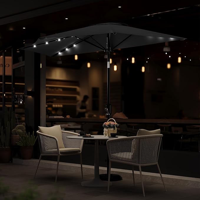 Garvee Patio Umbrella 9FT - Half Umbrella Outdoor with Solar LED Lights and Smooth Crank Lift, Outdoor Shade Canopy for Patio, Backyard, Garden, Deck, Balcony -Gray