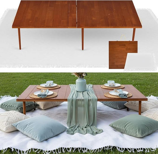 1 Set Low Picnic Table, Foldable Boho Picnic Table with Extra Large Outdoor Camping Blanket Portable Boho Wood BBQ Tables for Camping Wedding Beach BBQ Party (for 4 Person,Brown)