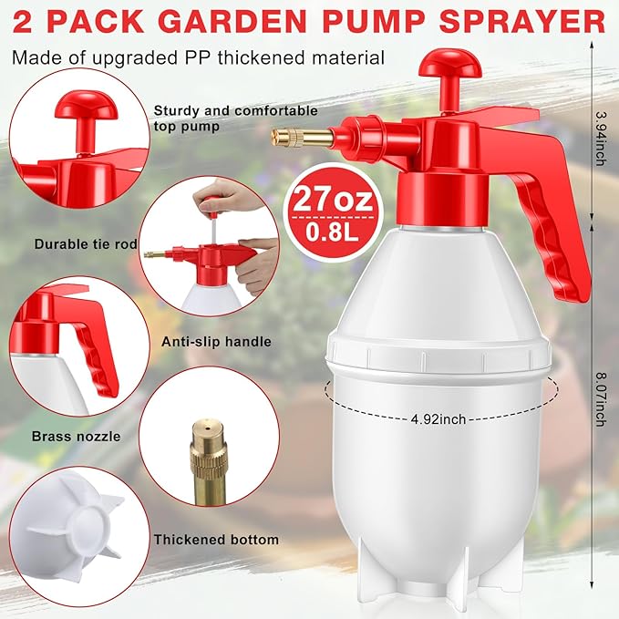 2 Pcs 27 oz Handheld Pump Spray Bottle Garden Mister Spray Bottles Lawn Pressure Hand Pump Sprayer with Adjustable Nozzle for Chemicals Watering Weeds Plants and Cleaning (Red)