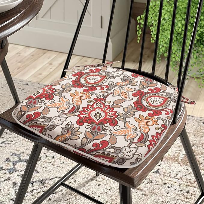 Magpie Fabrics Outdoor/Indoor 17"x16"x2" Chair Cushions with Ties Set of 4, Waterproof All Weather U-Shape Seat Pads Decoration for Patio Garden Furniture Home Office (Botanical Red Orange)