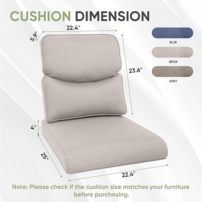 Outdoor Chair Cushion Set, 25 x 22 Deep Seat Cushion, Patio Chair Cushions for Outdoor, Include 1 Seat Cushion and 1 Back Cushion, Beige