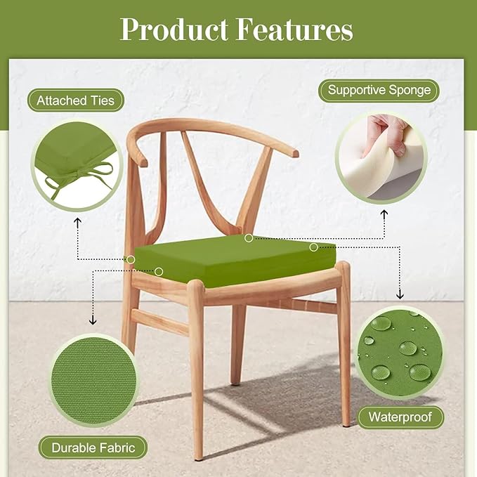 Cozyide Outdoor Chair Cushions, Waterproof Patio Seat Cushions with Adjustable Straps, Square Corner Patio Chair Cushions for Garden, Grass Green, 18.5x16x3 Inch (Pack of 4)