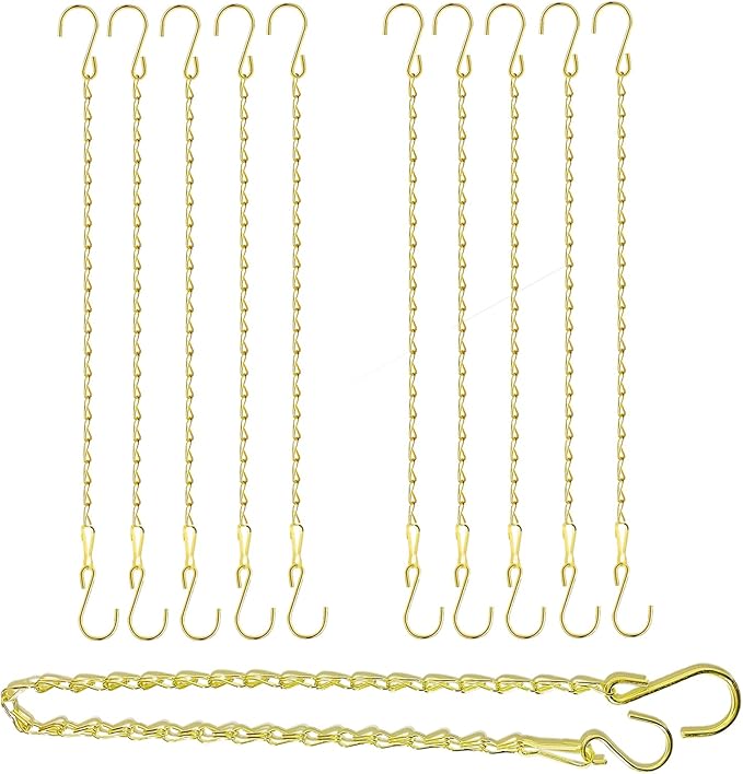 RIFNY Gold Chain for Hanging Plants, 24 Inch Small Plant Chains for Hanging Baskets Kits with Hooks for Bird Feeders Planters Billboards Lanterns Wind Chimes Ornaments Outdoor/Indoor Use (10 PCS)