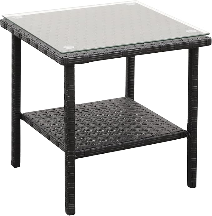 Valita Outdoor Wicker Glass Top Side Table Patio Rattan Square End Table, Black