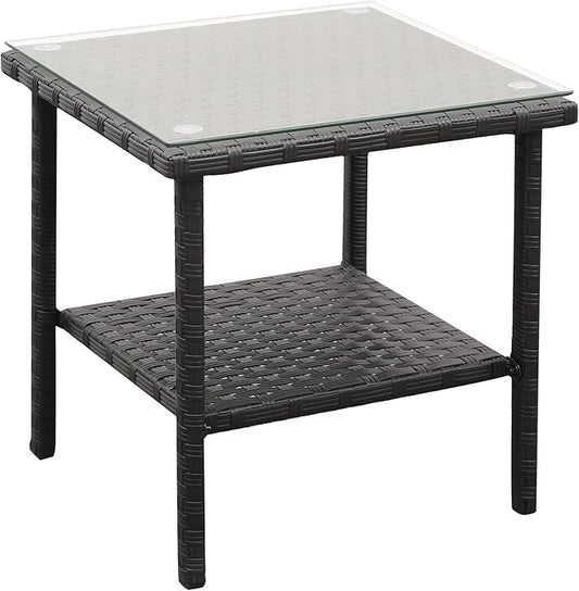 Valita Outdoor Wicker Glass Top Side Table Patio Rattan Square End Table, Black