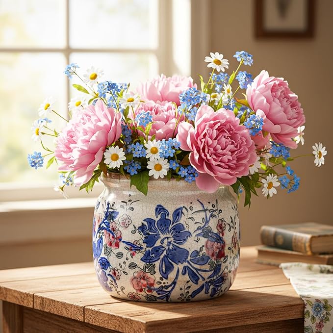 Vintage Planter Large Ceramic Plants Pot Blue Red Peony Ice Crack Cottage Scroll Vase Flower Vase Pot Indoor Plants Home Kitchen Decor Farmhouse Antique Decorative Gifts