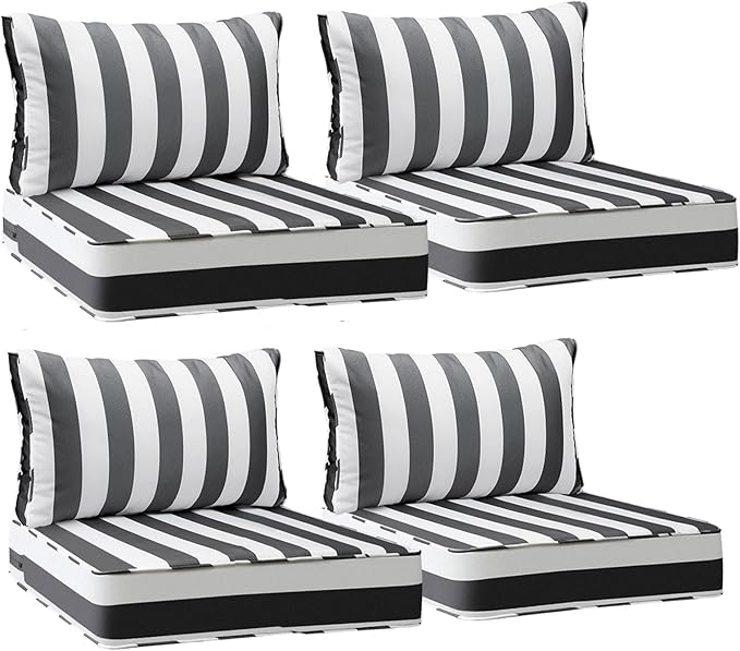 AAAAAcessories Outdoor Deep Seat Cushions, Waterproof, Fade-Resistant Patio Furniture Replacement Cushions, 24" x 24" x 5" + 24" x 13.5", Set of 4, Gray Cabana Stripe