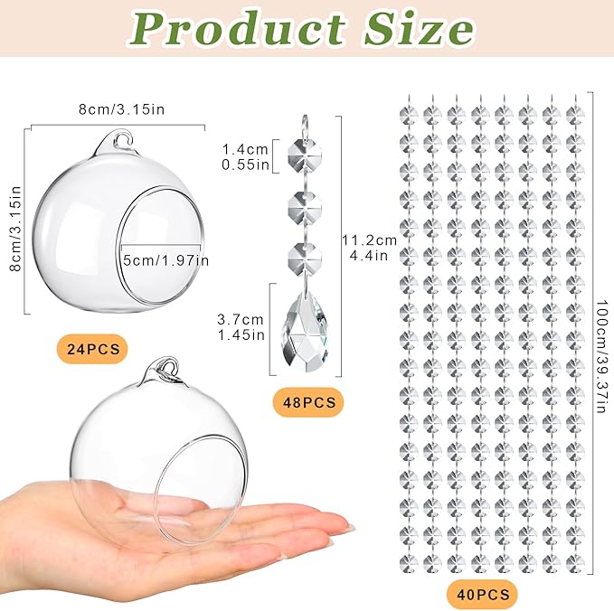 112 Pcs 3.15'' Hanging Glass Tealight Holder Globe with K9 Crystal Garland Strands,Teardrop Pendant Hanging Tealight Candle Holder Orbs Air Plant for Wedding Centerpiece Party Decor (Clear)