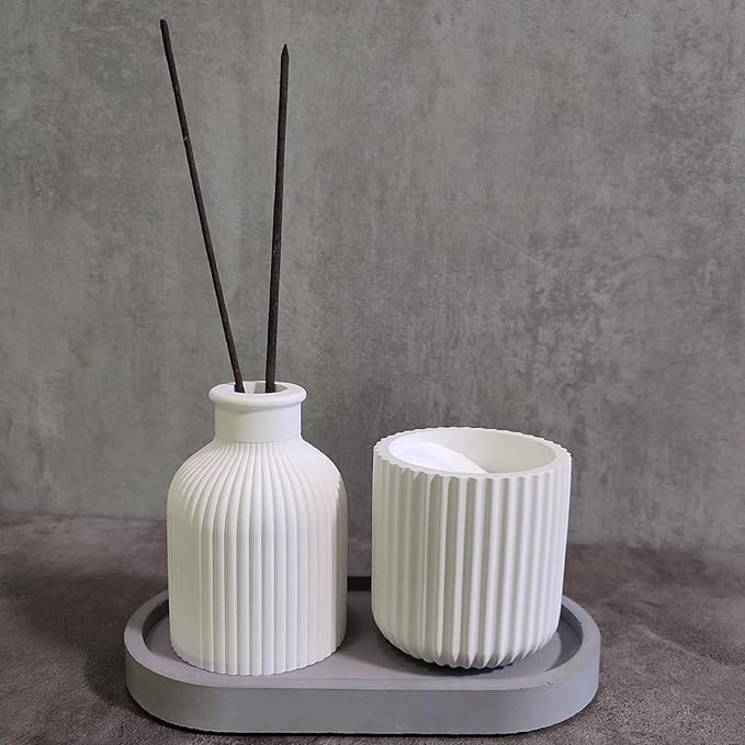 Storage Box With Lids, Silicone Candle Jar Molds Set, Creative Vessels Pot Molds, Concrete Round Stripe With Cover Bottle Making Moulds for Holder (B)