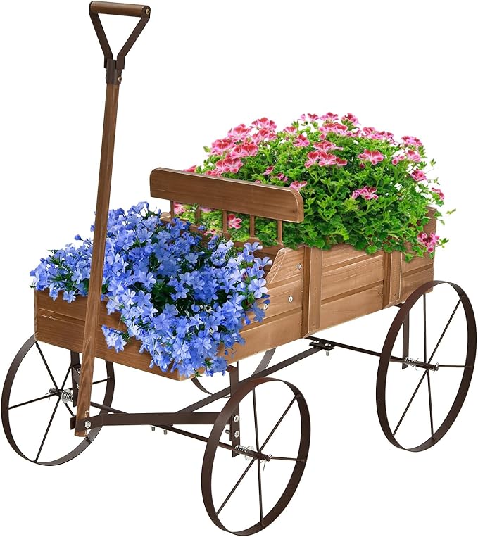 Wooden Wagon Planter with Wheels, Indoor/Outdoor Flower Cart w/Dual-Compartment & Adjustable Handle, Decorative Garden Planter for Home, Yard, Wedding (Brown)