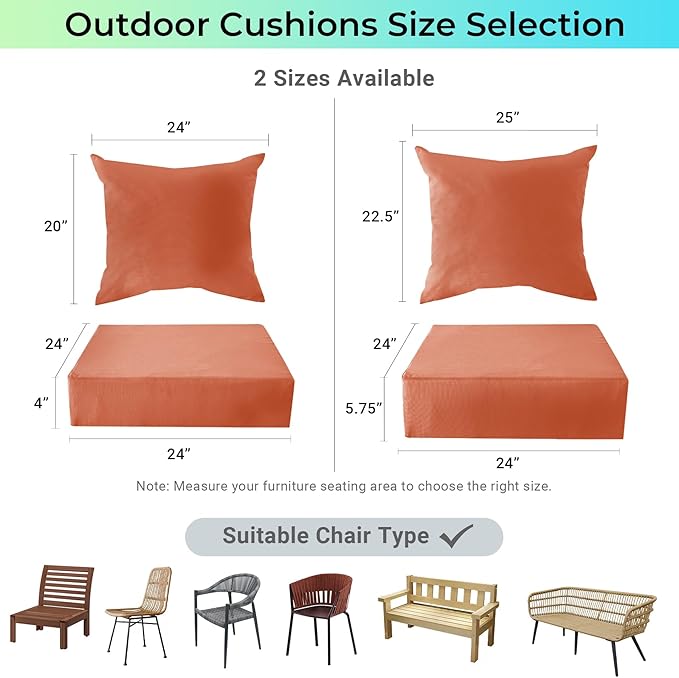 Outdoor Cushions for Patio Furniture,Outdoor Seat Cushion Set 24 x 24 x 4 Inch,Waterproof & Fade Resistant Outdoor Chair Cushions,Deep Patio Chair Cushion with Removable Cover,Spice