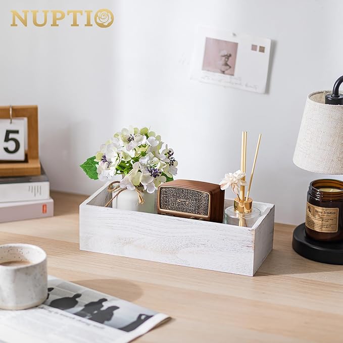 NUPTIO Wooden Box Centerpiece for Table: 2 Pcs 11.8" Long Wood Rectangle Planter Boxes - Farmhouse Washed White Planters for Fall Wedding Dining Living Room Window Mantel Table Decor