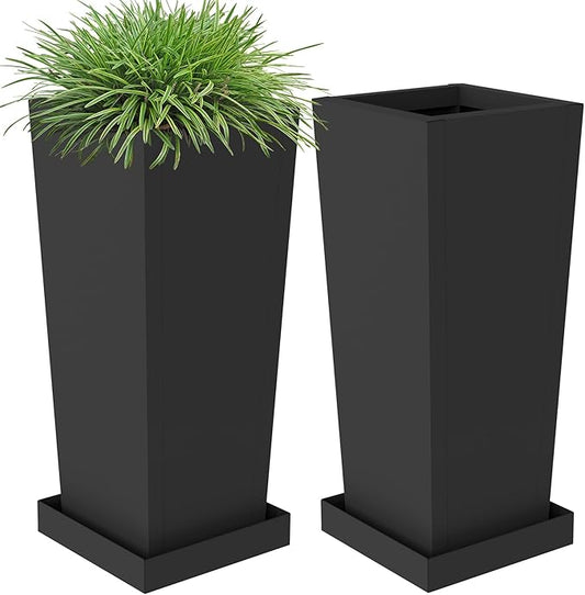 Tall Planters 30" H - 2 Pack, Tapered Pots with Drainage Insert Shelve & Trays, Metal Outdoor Planter Box for Porch, Garden, Patio, Yard (Black)