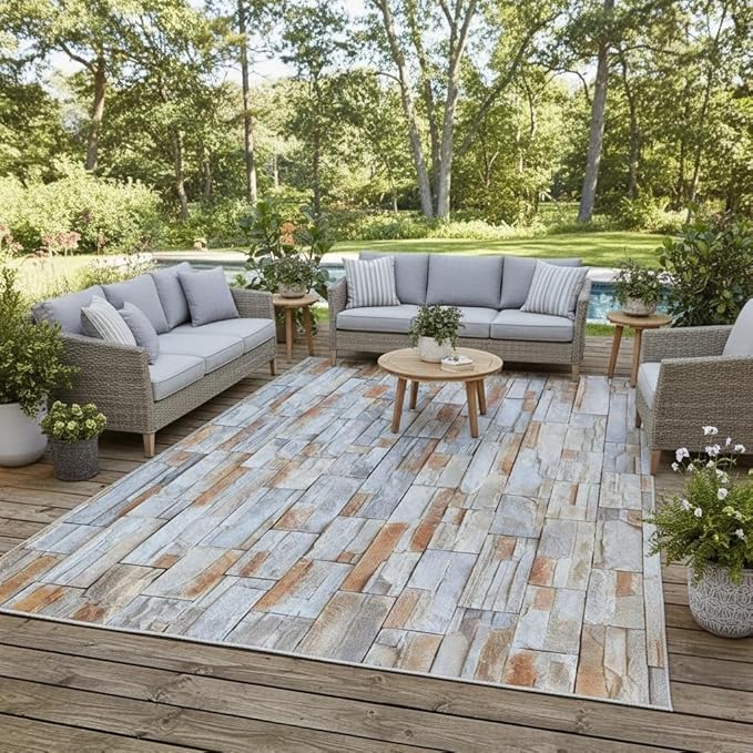 Gray Brown Irregular Sandstone Texture Outdoor Rug 10x14 Waterproof Stone Wall Print Outdoor Rug for Patio Deck Porch Balcony Backyard Camping Natural Rustic Farmhouse Non Slip Outside Carpet Mats