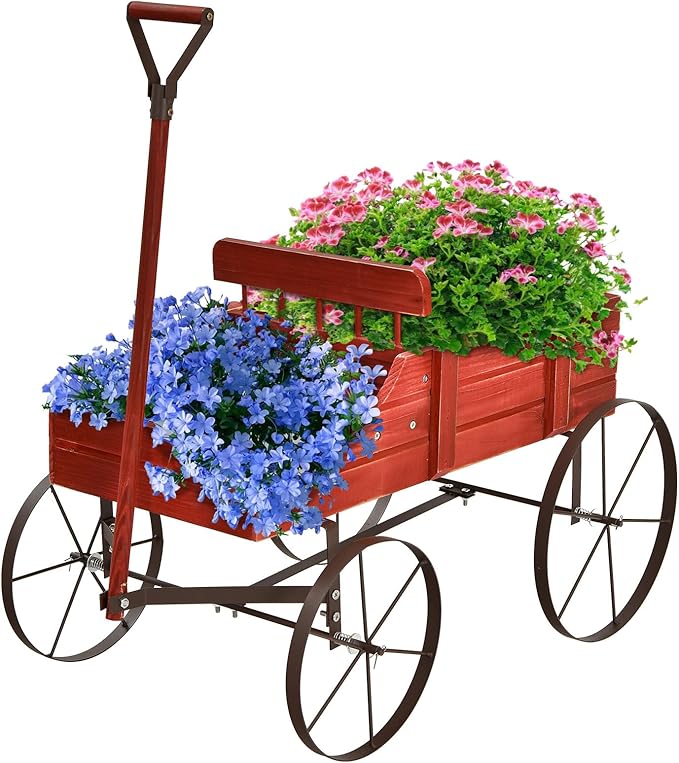 Wooden Wagon Planter with Wheels, Indoor/Outdoor Flower Cart w/Dual-Compartment & Adjustable Handle, Decorative Garden Planter for Home, Yard, Wedding (Red)
