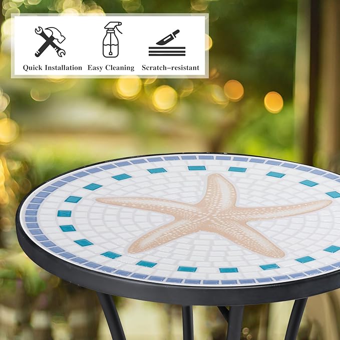 Vipush Mosaic Outdoor Side Table, 14" Round Folding Plant Stand for Patio Garden Backyard Balcony Porch Indoor Accent End Table for Living Room, Ceramic Tabletop with Black Iron, Starfish