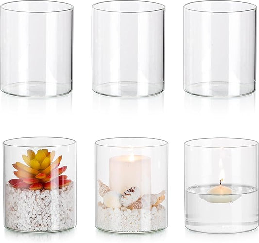 Glasseam Hurricane Glass Candle Holder Set of 6, Cylinder Clear Candle Holders for Pillar Candles, Modern Cylinder Vases for Floating Candles, Vases for Centerpiece Wedding Table Decorations, 4inch