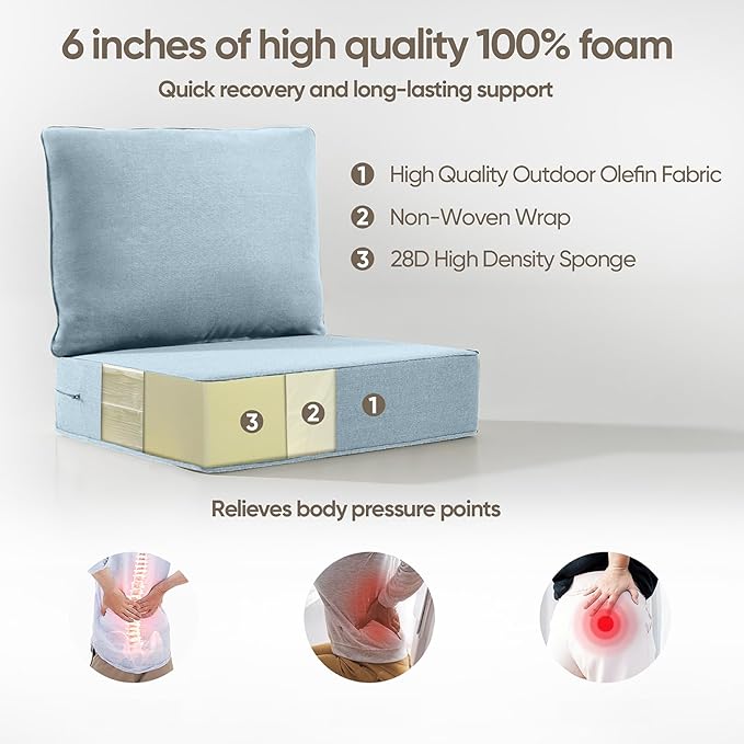 Outdoor Cushion Set for Furniture patio furniture,UV Resistant,Waterproof outdoor cushion set - 6 Inch thick foam garden cushions– 24x24 Inch Patio Seat Covers for Chair/Sofa/Couch Baby Blue 4-pack