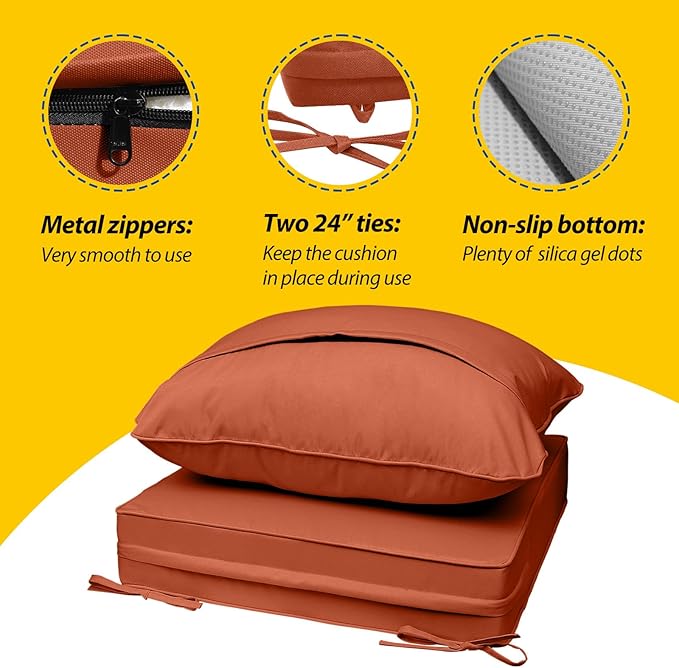 AAAAAcessories Outdoor Deep Seat Cushions, Waterproof, Fade-Resistant Patio Furniture Replacement Cushions, 23.5" x 25.5" x 5" + 23.5" x 19", Set of 4, Rust
