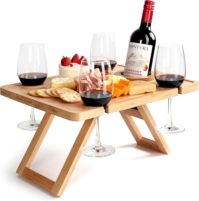 Outdoor Wine Picnic Table, Wooden Folding Picnic Table with Glass Holder, Bamboo Wine Glass Snack Tray for Indoor & Outdoor Use, Includes Picnic Mat & Tote Bag