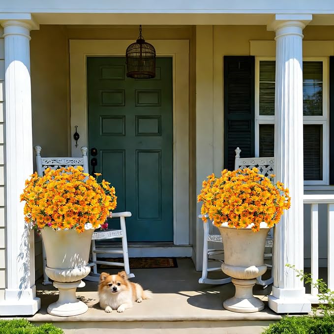 16 Bundles Silk Daisy Artificial Flowers for Outdoors UV Resistant Fake Daisies Plastic Plants Flower for Home Outside Front Door Porch Garden Patio Planters Decoration (Orange)