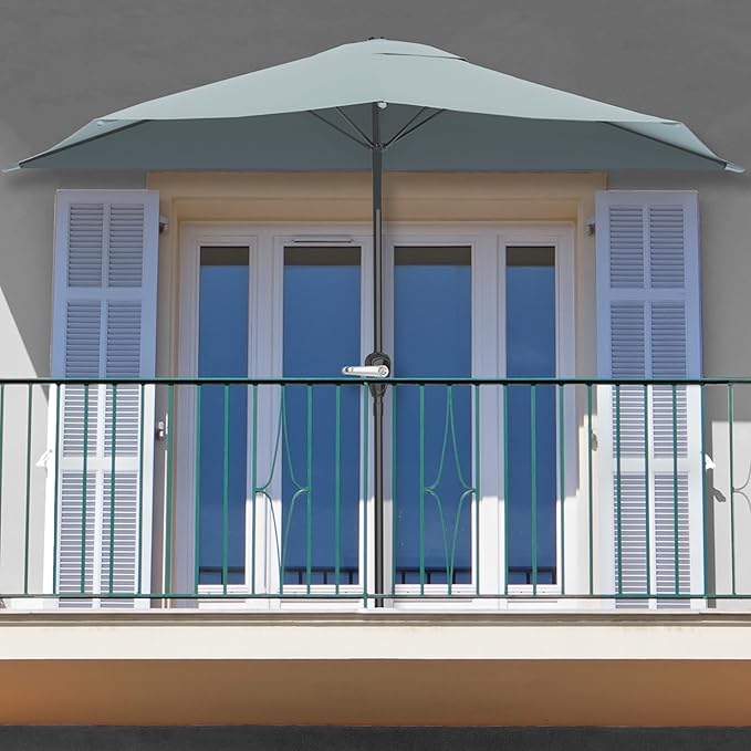 9-Ft Half Patio Umbrella Easy Crank Semicircle Balcony Shade with 20lb Weighted Base for Deck, Porch, or Against a Wall by Pure Garden (Dusty Green)